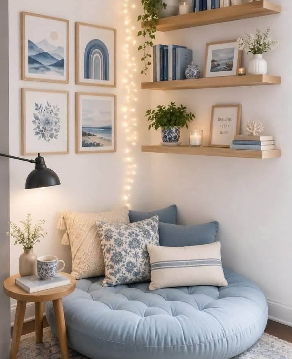 A cosy reading nook with a tufted floor cushion, scatter cushions, fairy lights and a coffee on a little stool
